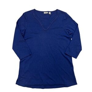 L.L. Bean Women's Blue Cotton Tunic Top Sz S Reg 3/4 Sleeve V-Neck Casual